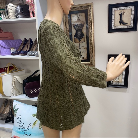 Lauren Ralph Lauren Olive Green Mercerized Cotton Crochet Eyelet V Neck Sweater - Picture 6 of 13